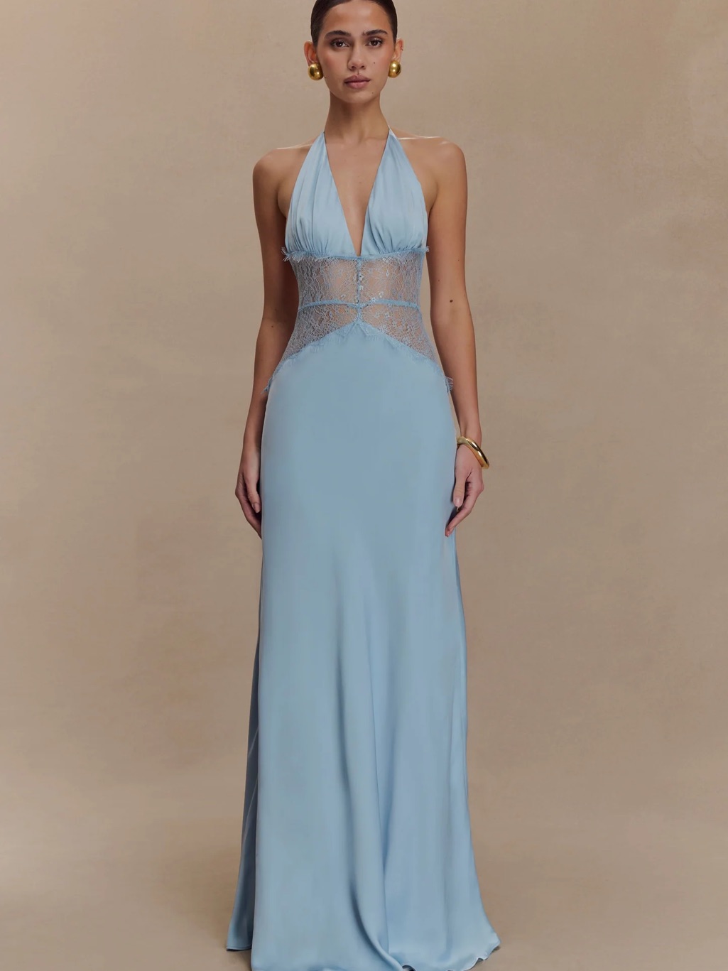 Halter Lace-Panel Evening Gown In Light Blue (Dinah)